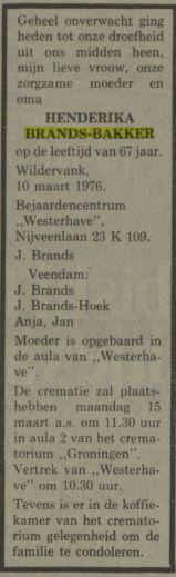 overlijdensadvertentie hendrika bakker on 10 Mar 1976.